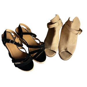 Black / neutral espadrille open toe sandal wedge heels 2 pair